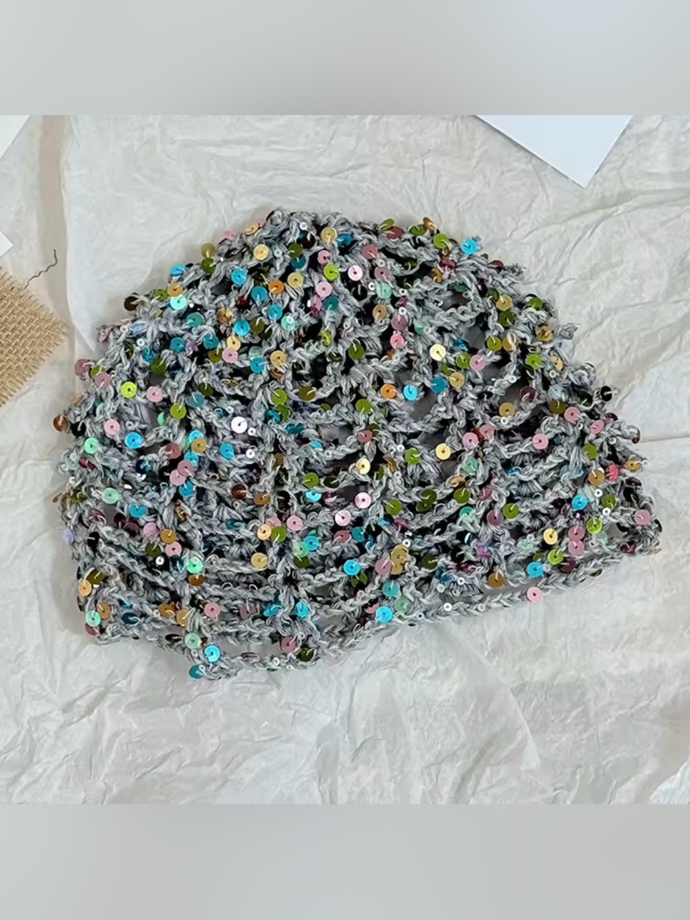 Others Follow Silver Crochet Beanie with Multicolor Sequins